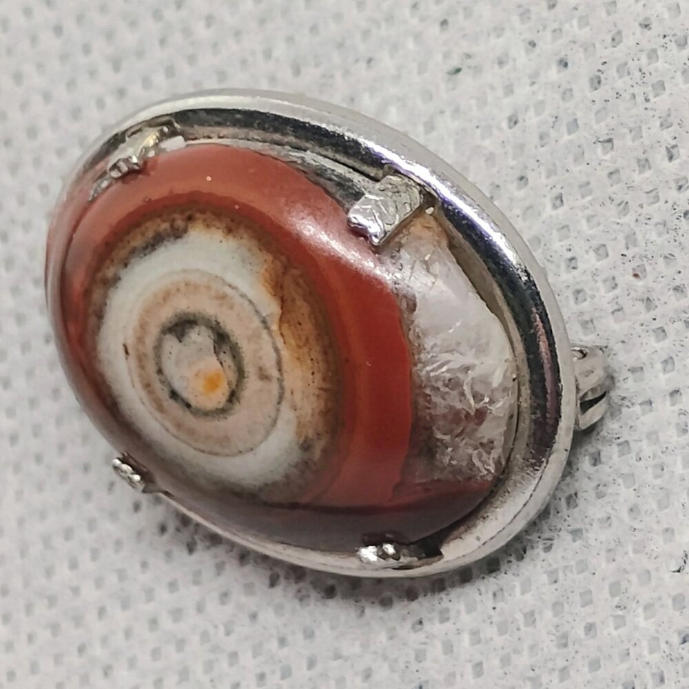 Vtg Bullseye Eye Agate Brooch Silver Tone Carnelian Orange Brown White Oval - Picture 4 of 8